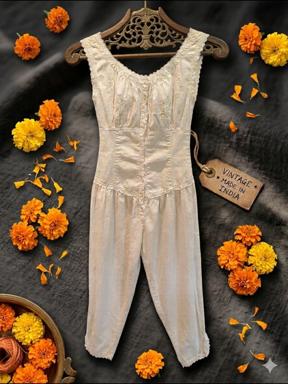 VINTAGE 70s Star of India Cotton Romper - Embroidered Eyelet Boho Jumpsuit S